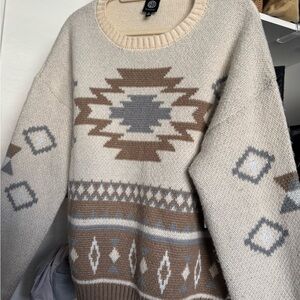 Bobeau Cream and Brown Patterned Sweater